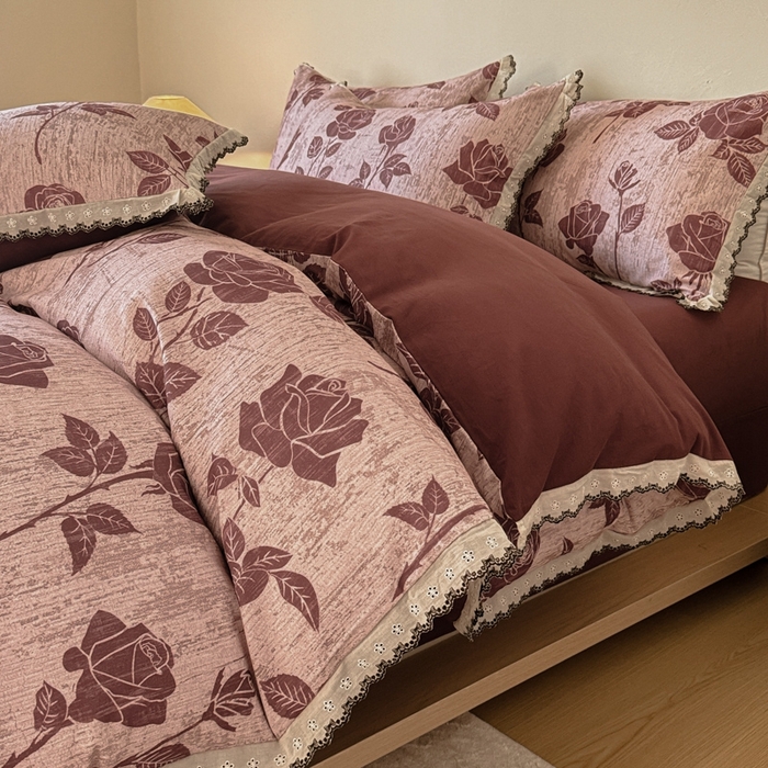 舒慕家纺 2025新款全棉磨毛花边赫本风磨毛四件套（送高端包装） 岁月留声-红