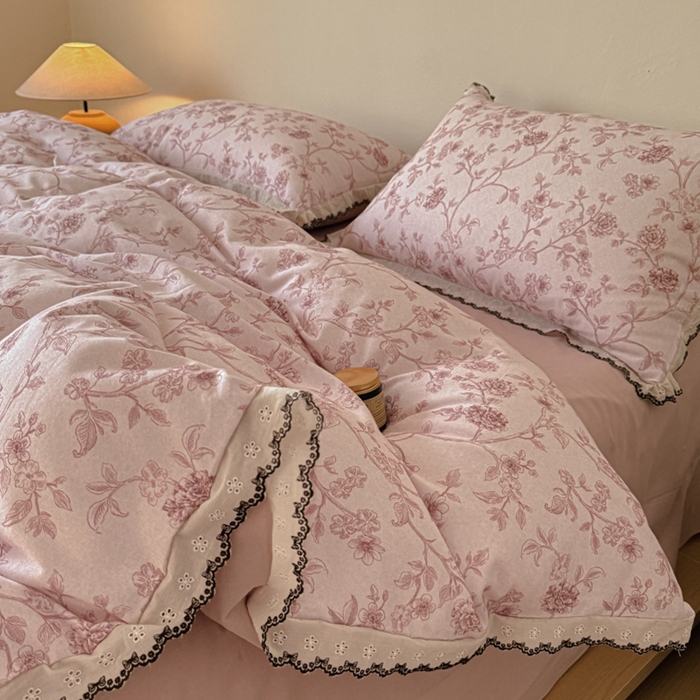 91家纺网 家纺一手货源 找家纺 （总）舒慕家纺 2025新款全棉磨毛花边赫本风磨毛四件套（送高端包装）