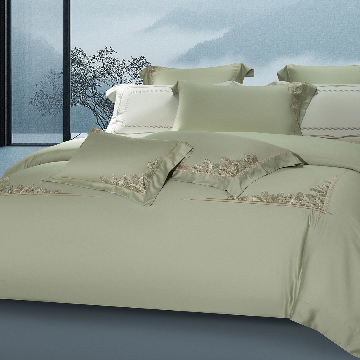 91家纺网 家纺一手货源 找家纺 高大尚婚庆馆 2025新款磨毛四件套-蒂凡尼 蒂凡尼-油果绿