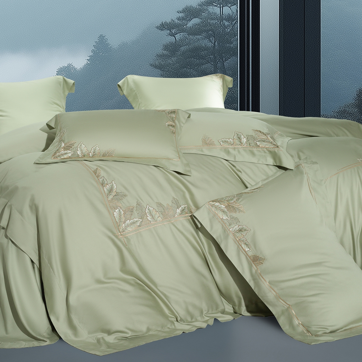 91家纺网 家纺一手货源 找家纺 高大尚婚庆馆 2025新款磨毛四件套-蒂凡尼 蒂凡尼-油果绿