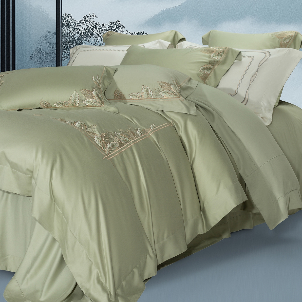 91家纺网 家纺一手货源 找家纺 高大尚婚庆馆 2025新款磨毛四件套-蒂凡尼 蒂凡尼-油果绿