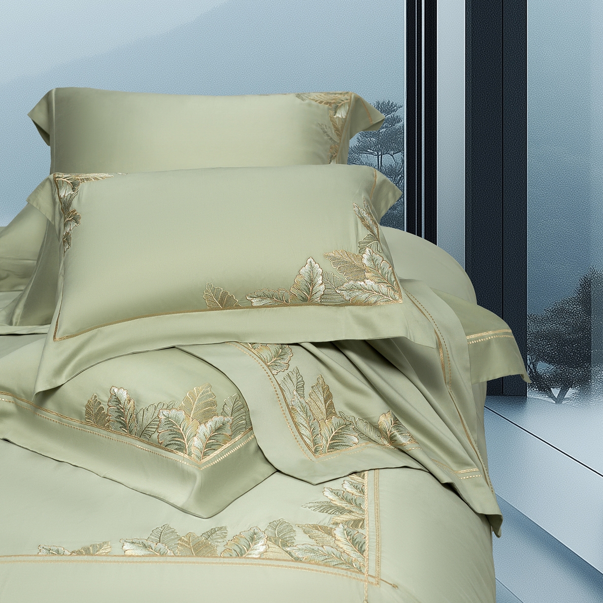 91家纺网 家纺一手货源 找家纺 高大尚婚庆馆 2025新款磨毛四件套-蒂凡尼 蒂凡尼-油果绿