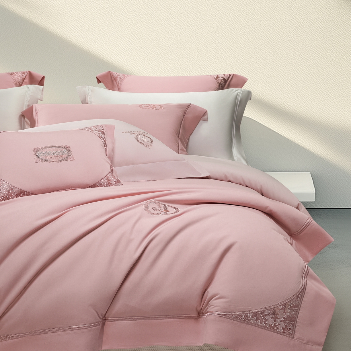 91家纺网 家纺一手货源 找家纺 高大尚婚庆馆 2025新款长绒棉磨毛四件套-贝罗 贝罗-落樱粉