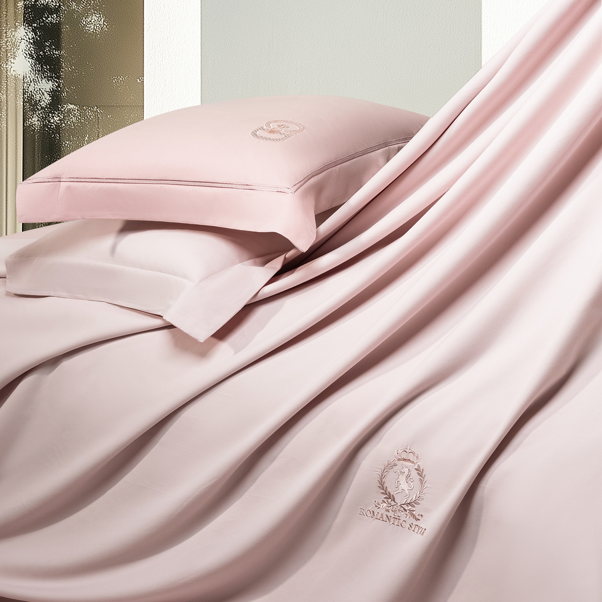 91家纺网 家纺一手货源 找家纺 高大尚婚庆馆 2025新款长绒棉磨毛四件套-贝罗 贝罗-落樱粉