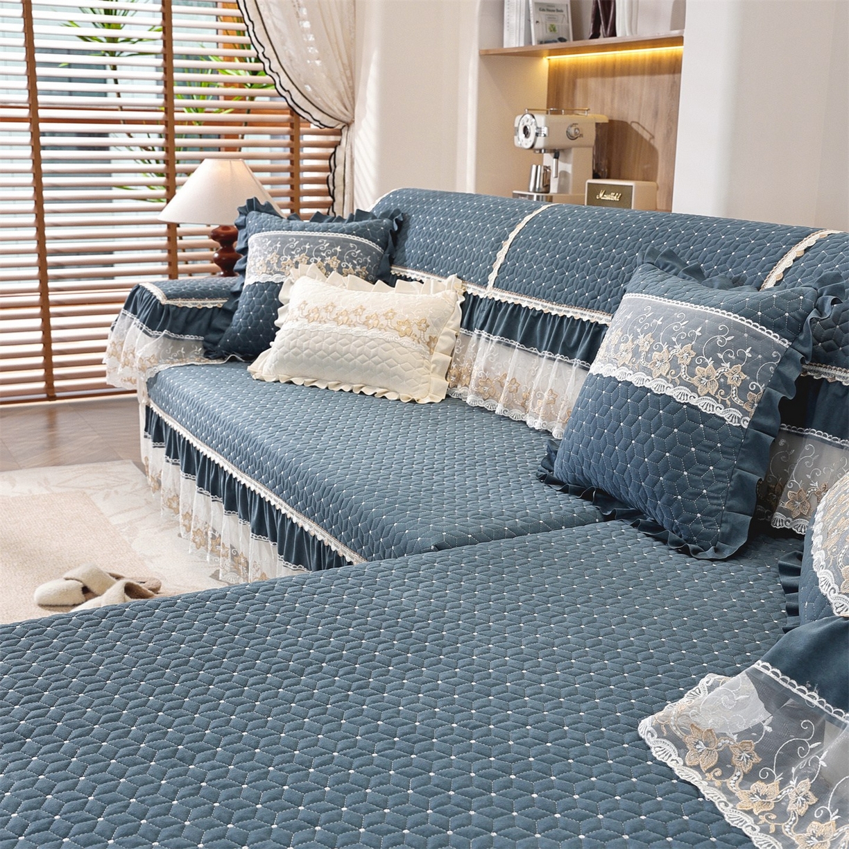 91家纺网 家纺一手货源 找家纺 共鸣沙发垫 2025新款羊毛尼沙发垫 羊毛尼蓝色