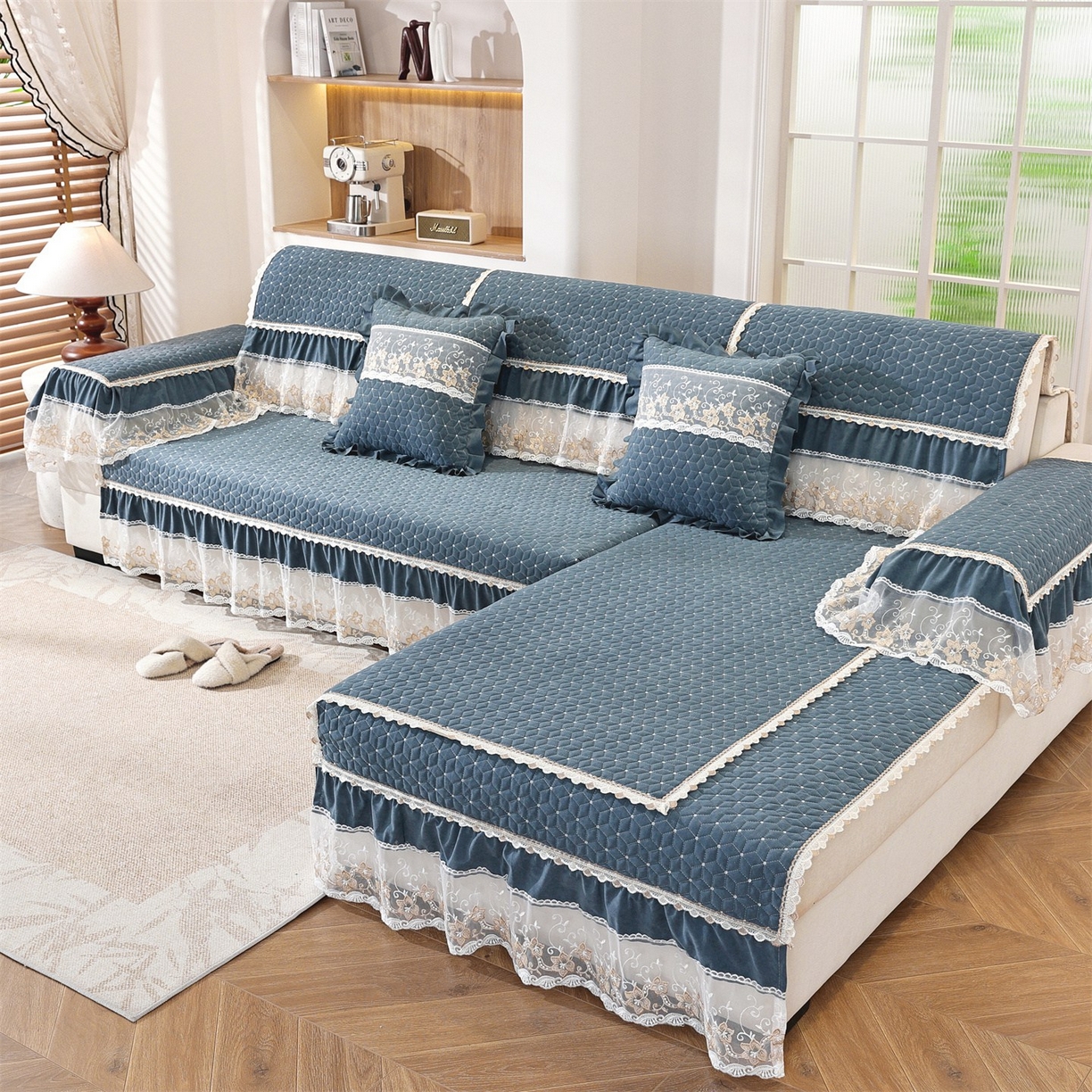 91家纺网 家纺一手货源 找家纺 共鸣沙发垫 2025新款羊毛尼沙发垫 羊毛尼蓝色