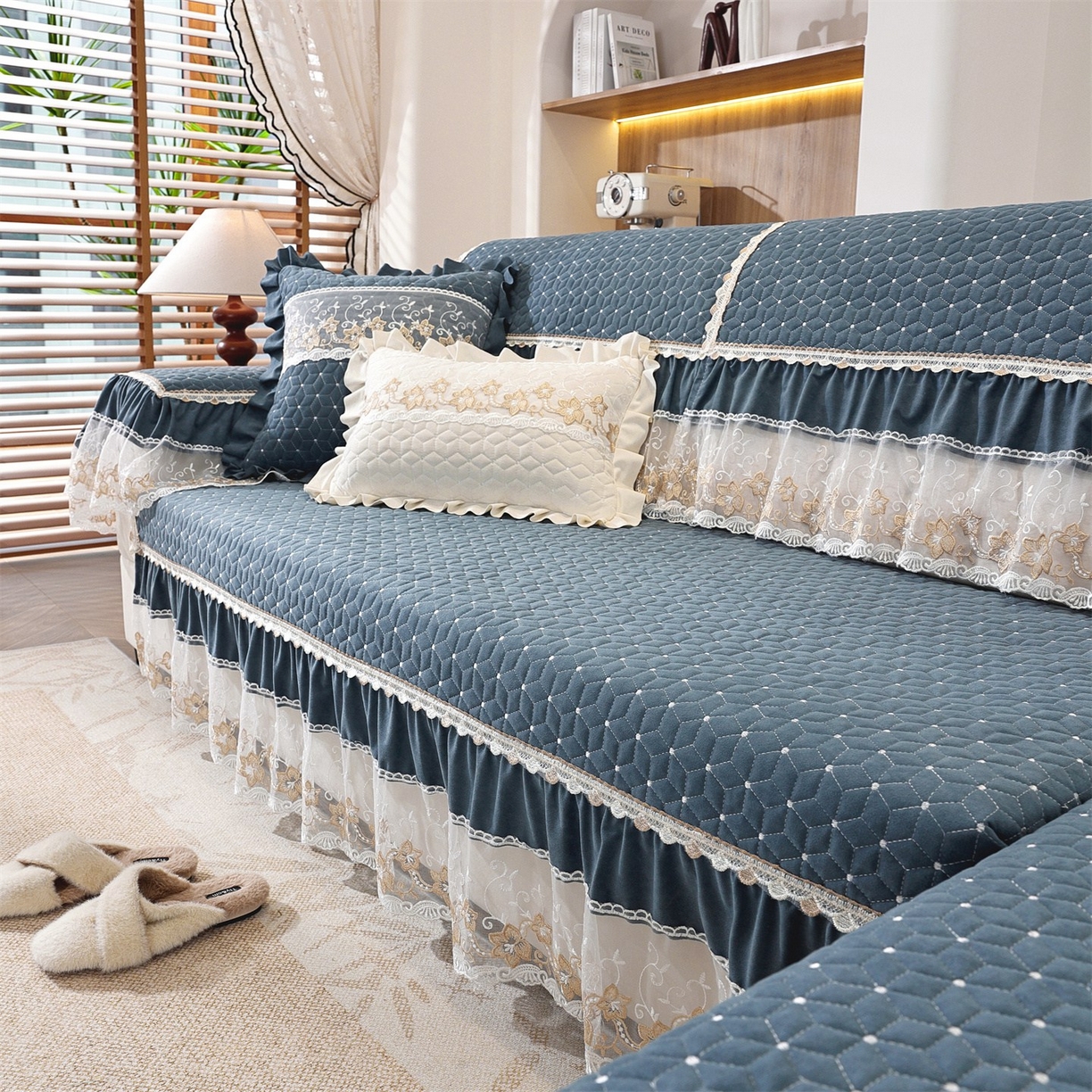 91家纺网 家纺一手货源 找家纺 共鸣沙发垫 2025新款羊毛尼沙发垫 羊毛尼蓝色