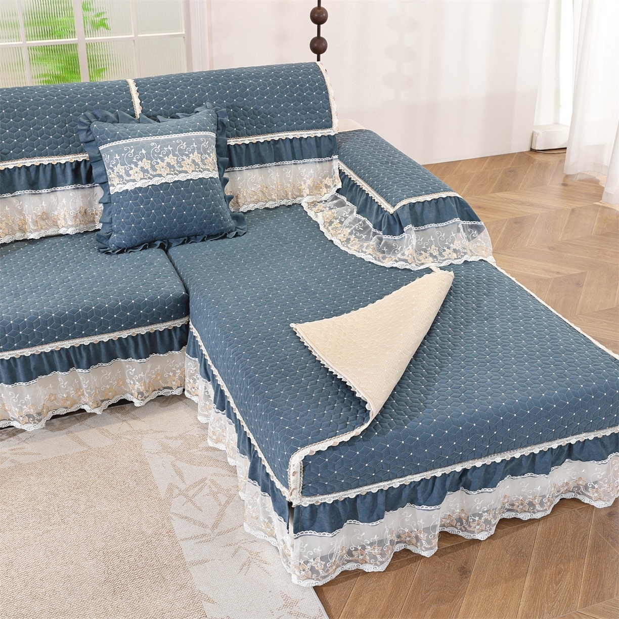 91家纺网 家纺一手货源 找家纺 共鸣沙发垫 2025新款羊毛尼沙发垫 羊毛尼蓝色