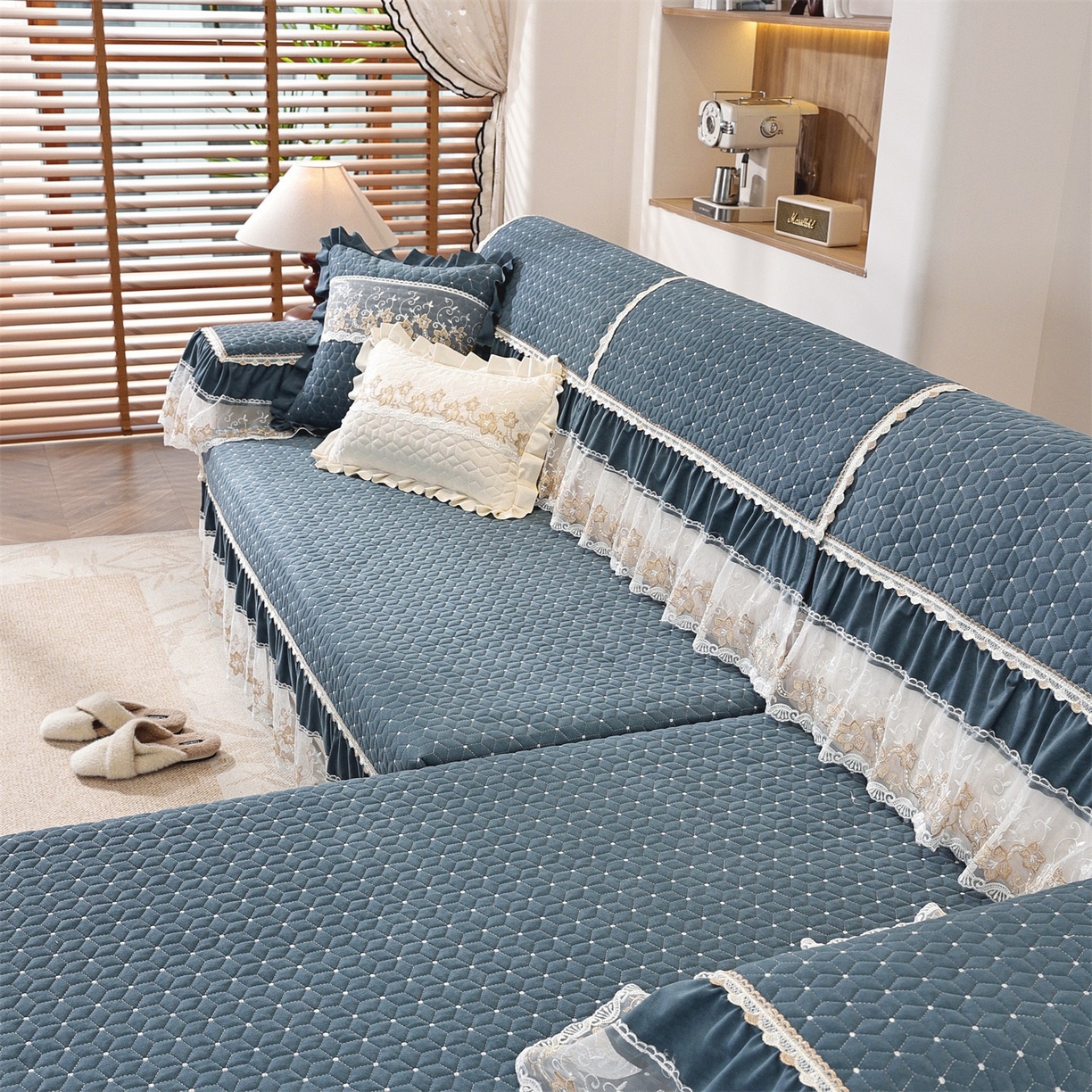 91家纺网 家纺一手货源 找家纺 共鸣沙发垫 2025新款羊毛尼沙发垫 羊毛尼蓝色