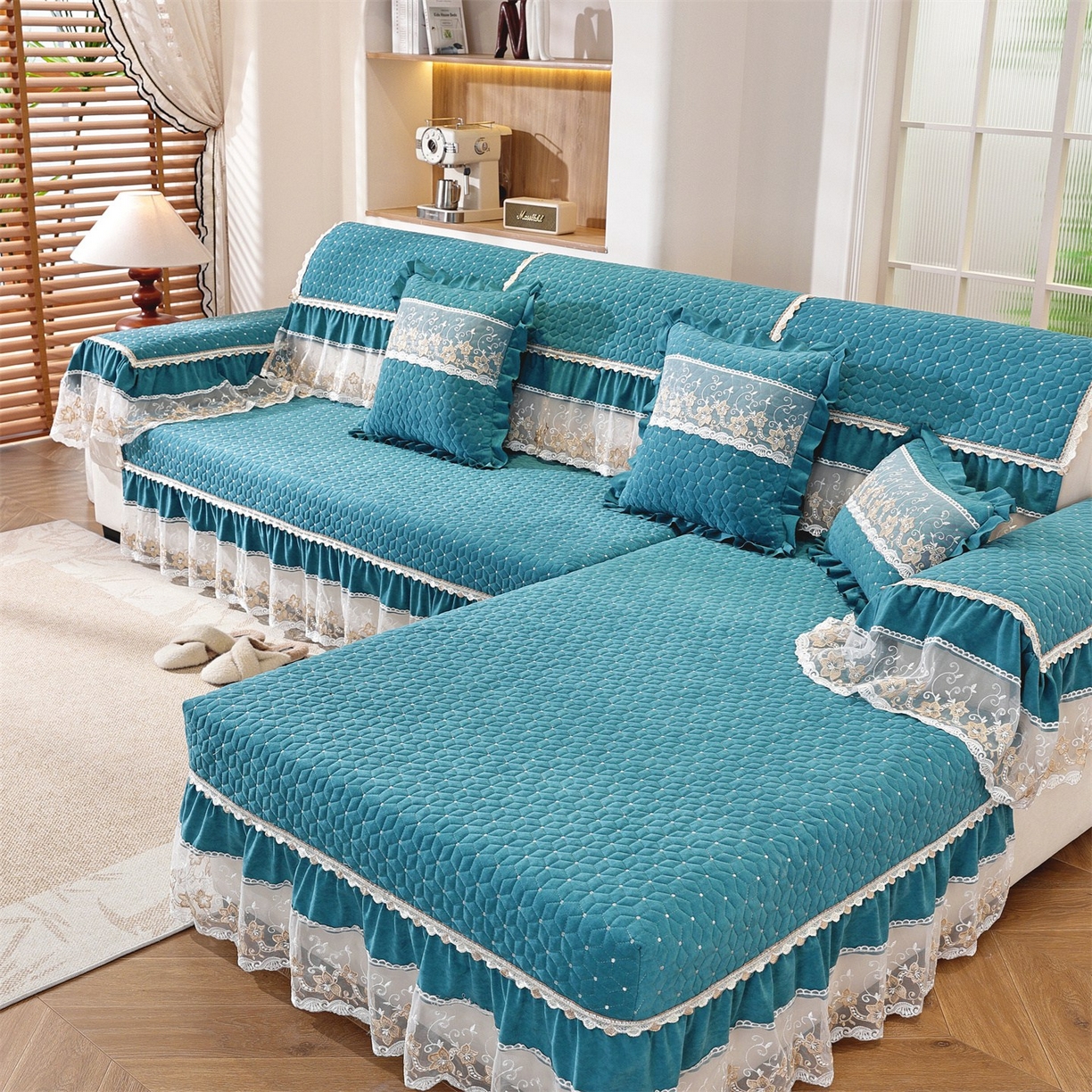 91家纺网 家纺一手货源 找家纺 共鸣沙发垫 2025新款羊毛尼沙发垫 羊毛尼绿色