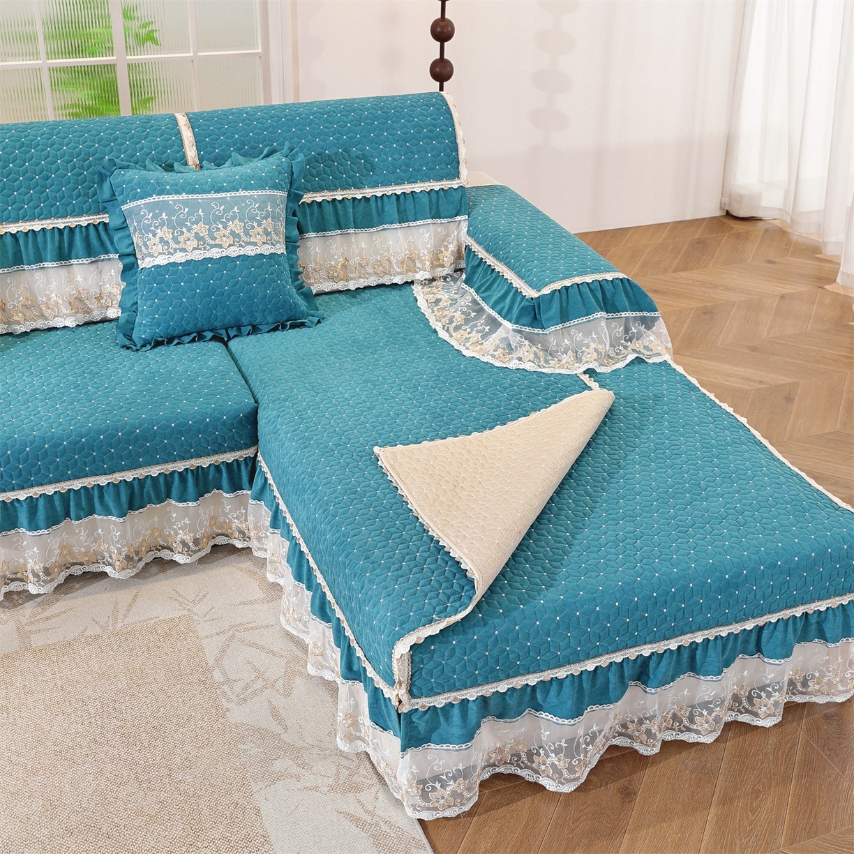 91家纺网 家纺一手货源 找家纺 共鸣沙发垫 2025新款羊毛尼沙发垫 羊毛尼绿色