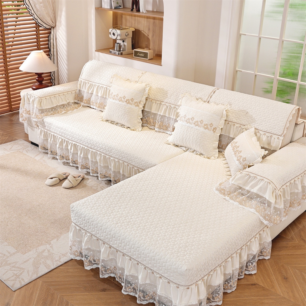 91家纺网 家纺一手货源 找家纺 共鸣沙发垫 2025新款羊毛尼沙发垫 羊毛尼米色