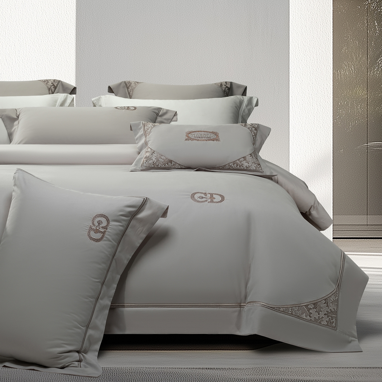 91家纺网 家纺一手货源 找家纺 高大尚婚庆馆 2025新款长绒棉磨毛四件套-贝罗 贝罗-绅士灰