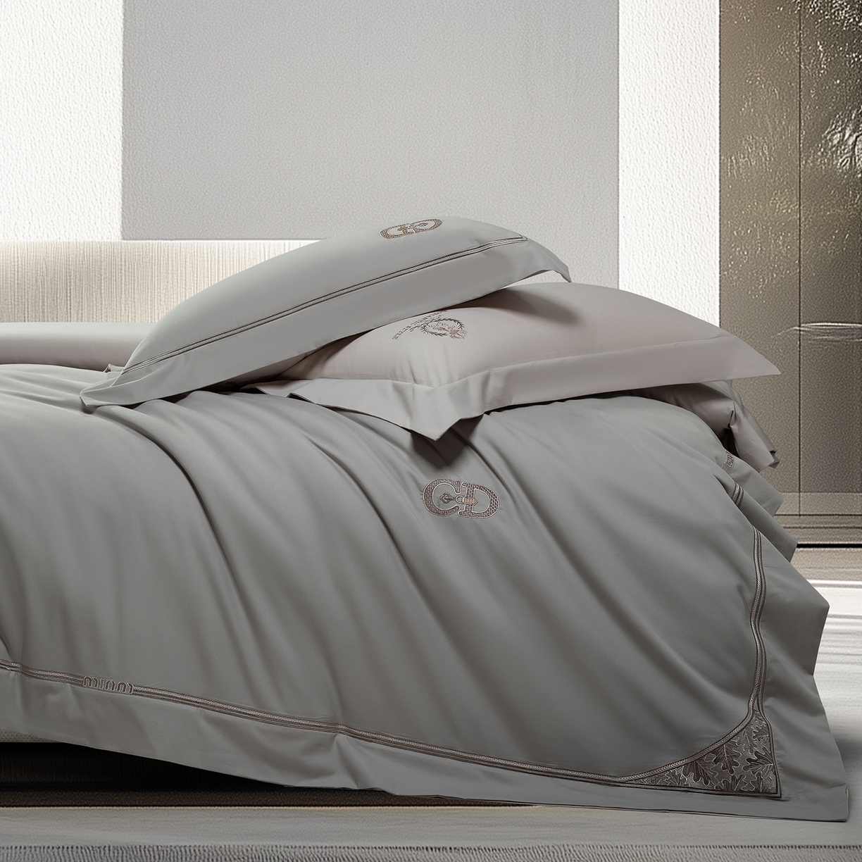 91家纺网 家纺一手货源 找家纺 高大尚婚庆馆 2025新款长绒棉磨毛四件套-贝罗 贝罗-绅士灰