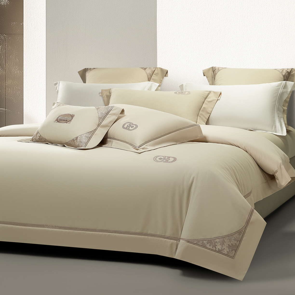 91家纺网 家纺一手货源 找家纺 高大尚婚庆馆 2025新款长绒棉磨毛四件套-贝罗 贝罗-油果绿