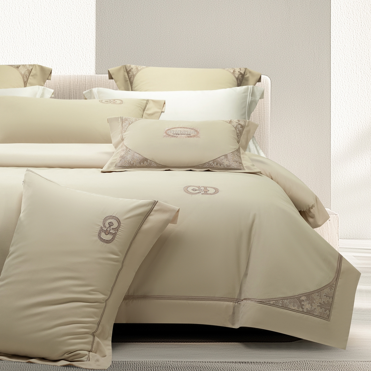 91家纺网 家纺一手货源 找家纺 高大尚婚庆馆 2025新款长绒棉磨毛四件套-贝罗 贝罗-油果绿