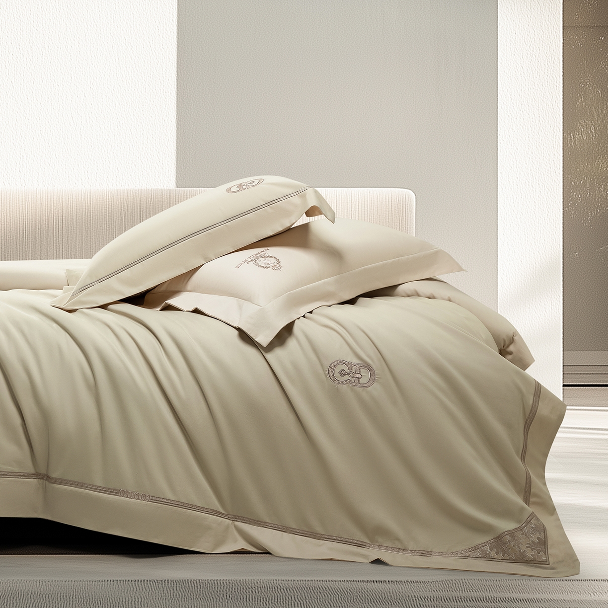 91家纺网 家纺一手货源 找家纺 高大尚婚庆馆 2025新款长绒棉磨毛四件套-贝罗 贝罗-油果绿