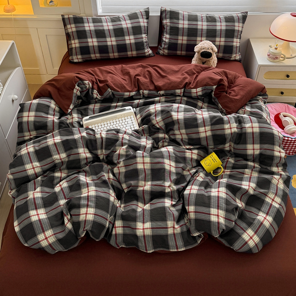 91家纺网 家纺一手货源 找家纺 水墨江南 2025新款云感双层纱印花四件套 苏格兰格