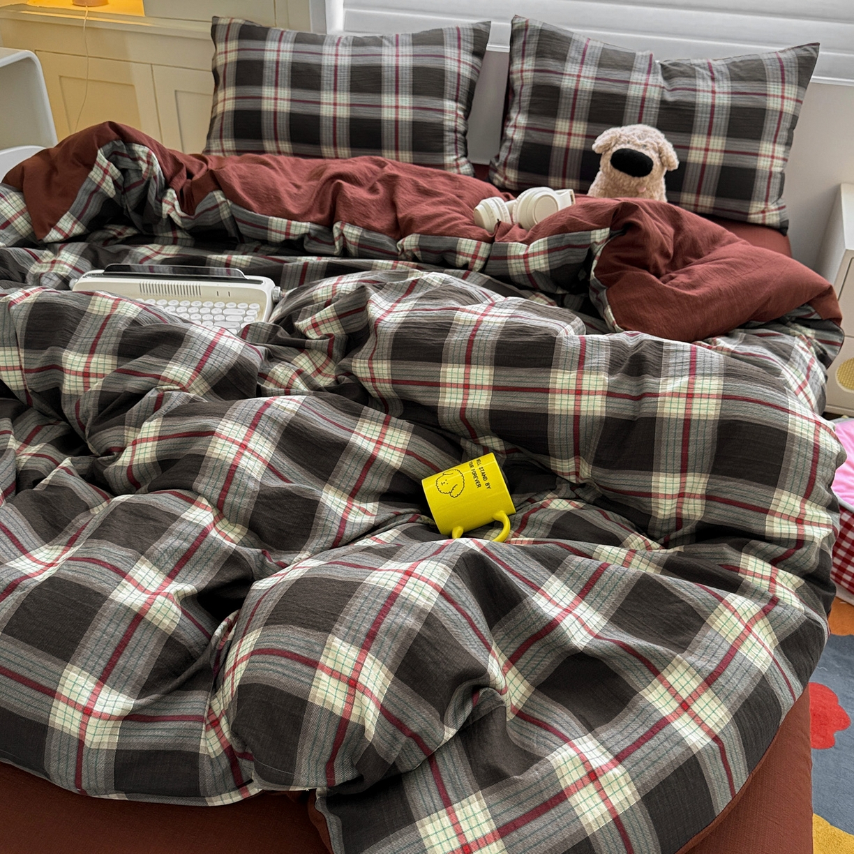 91家纺网 家纺一手货源 找家纺 水墨江南 2025新款云感双层纱印花四件套 苏格兰格