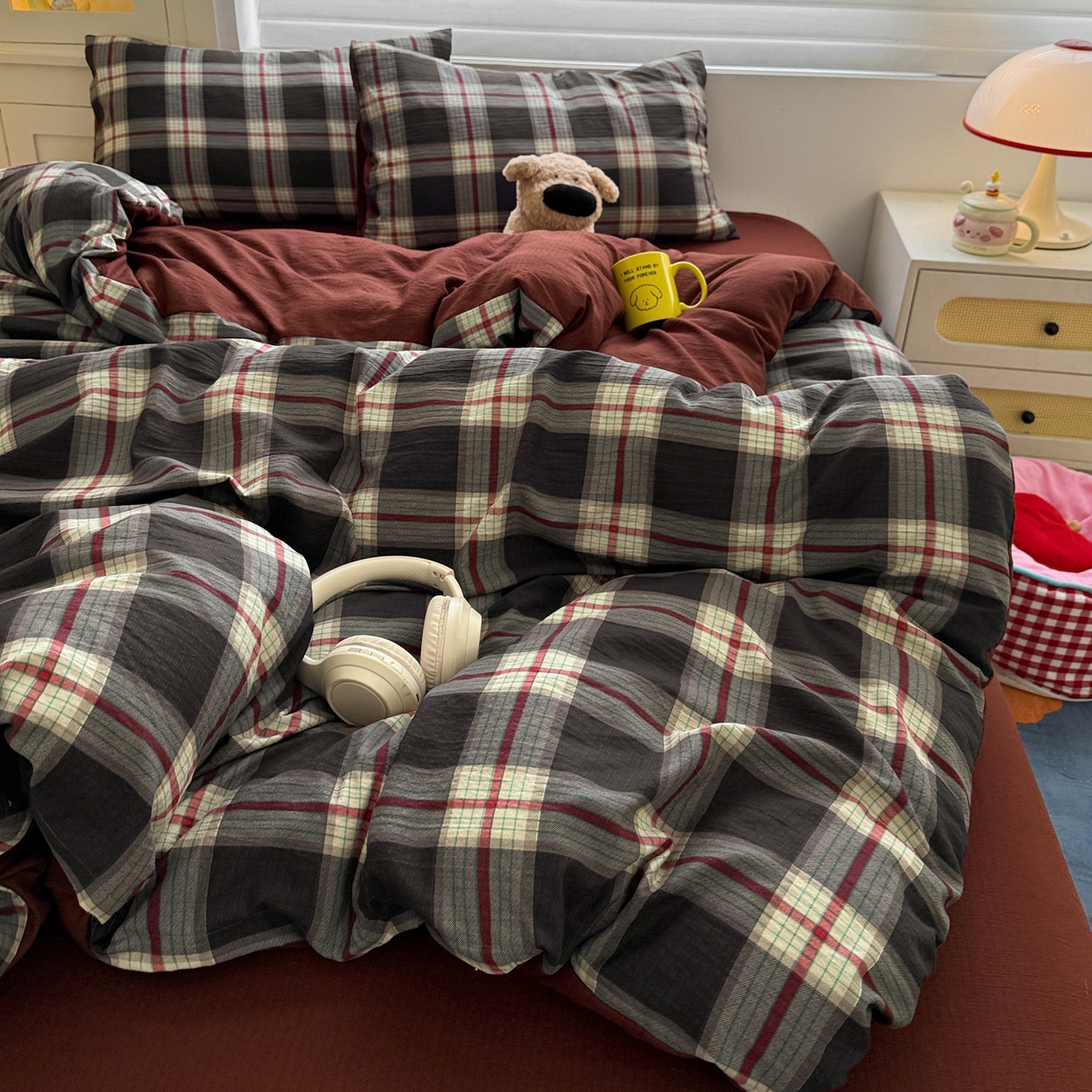 91家纺网 家纺一手货源 找家纺 水墨江南 2025新款云感双层纱印花四件套 苏格兰格