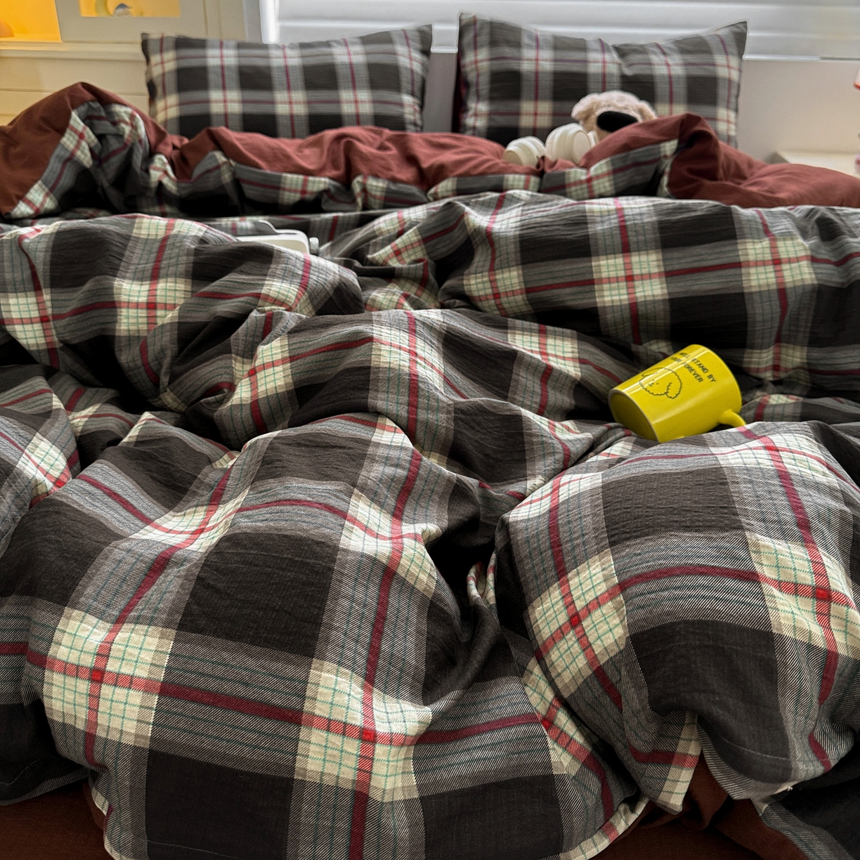 91家纺网 家纺一手货源 找家纺 水墨江南 2025新款云感双层纱印花四件套 苏格兰格