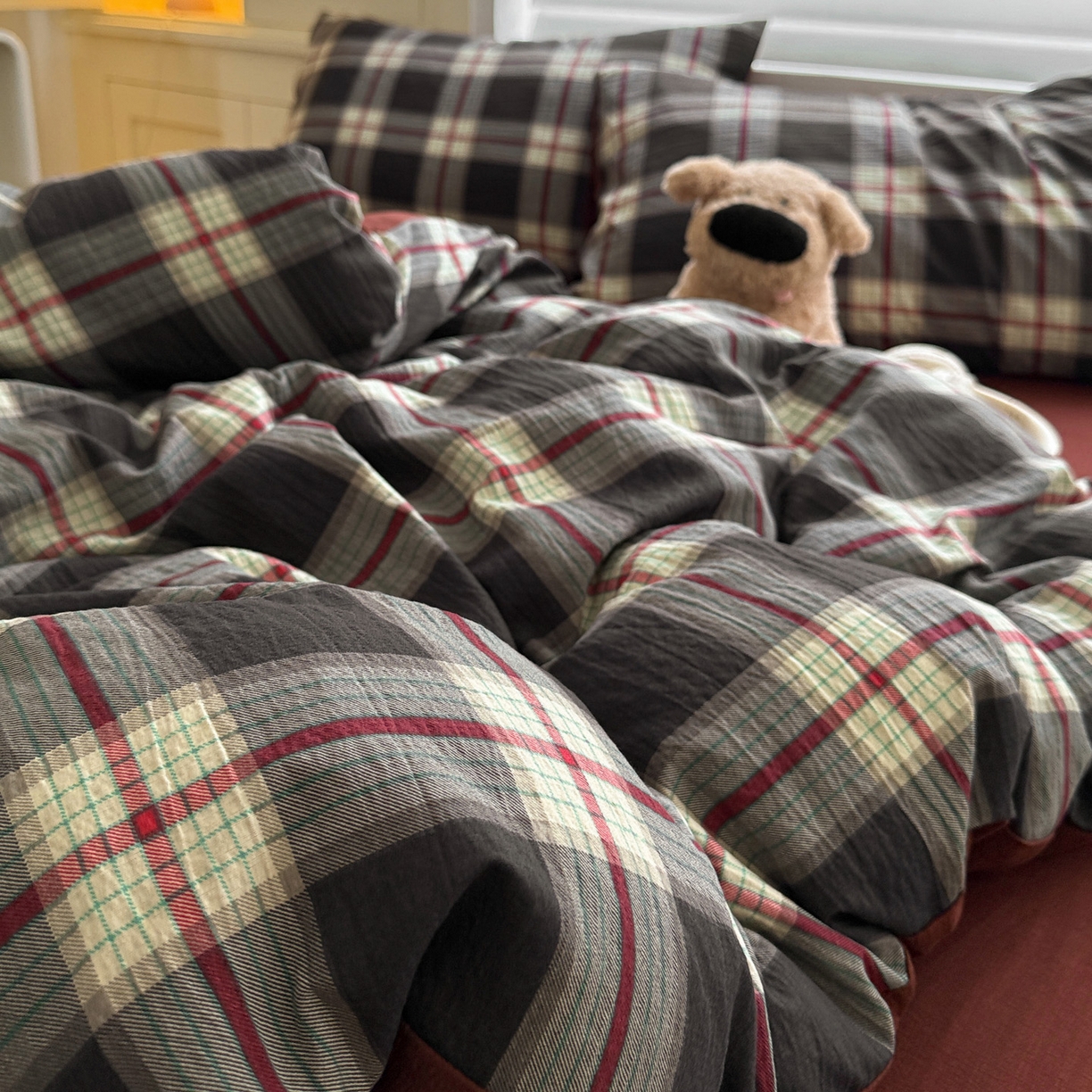 91家纺网 家纺一手货源 找家纺 水墨江南 2025新款云感双层纱印花四件套 苏格兰格