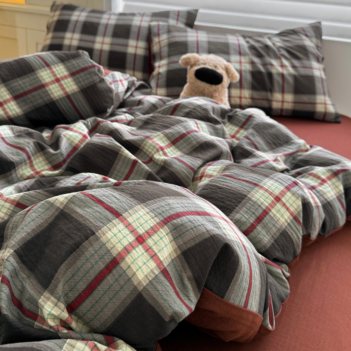 91家纺网 家纺一手货源 找家纺 水墨江南 2025新款云感双层纱印花四件套 苏格兰格