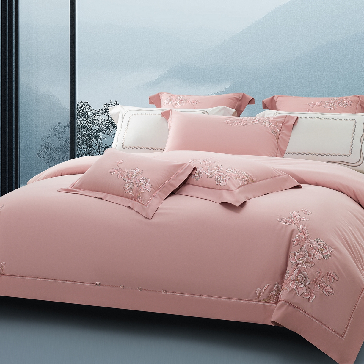 91家纺网 家纺一手货源 找家纺 高大尚婚庆馆 2025新款长绒棉磨毛四件套-浮生若梦 浮生若梦-落樱粉