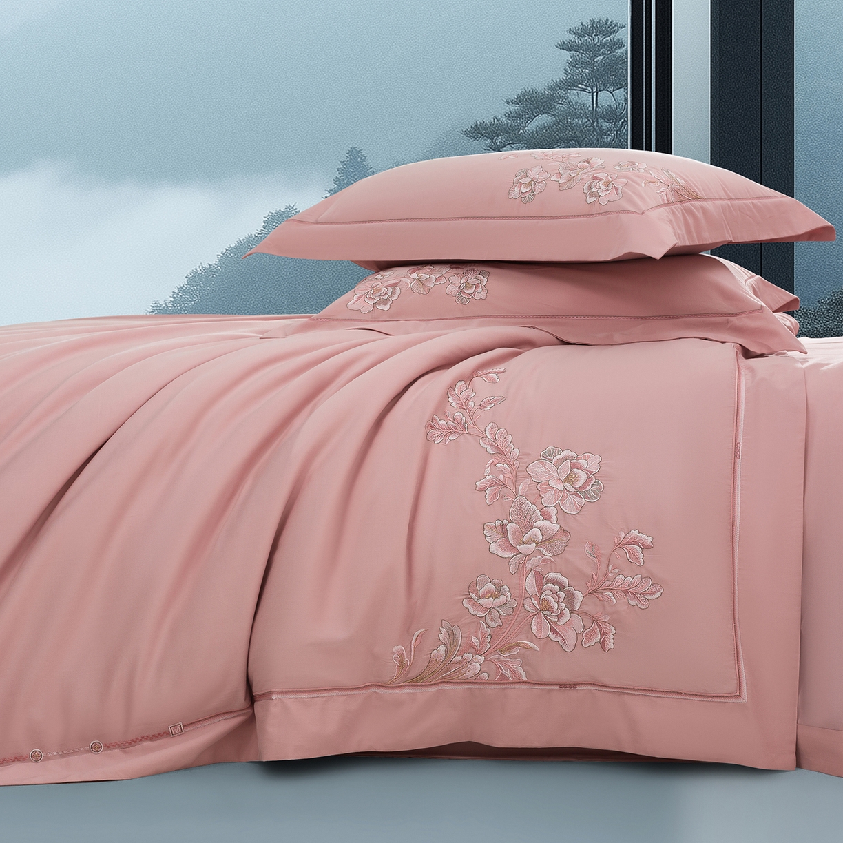 91家纺网 家纺一手货源 找家纺 高大尚婚庆馆 2025新款长绒棉磨毛四件套-浮生若梦 浮生若梦-落樱粉