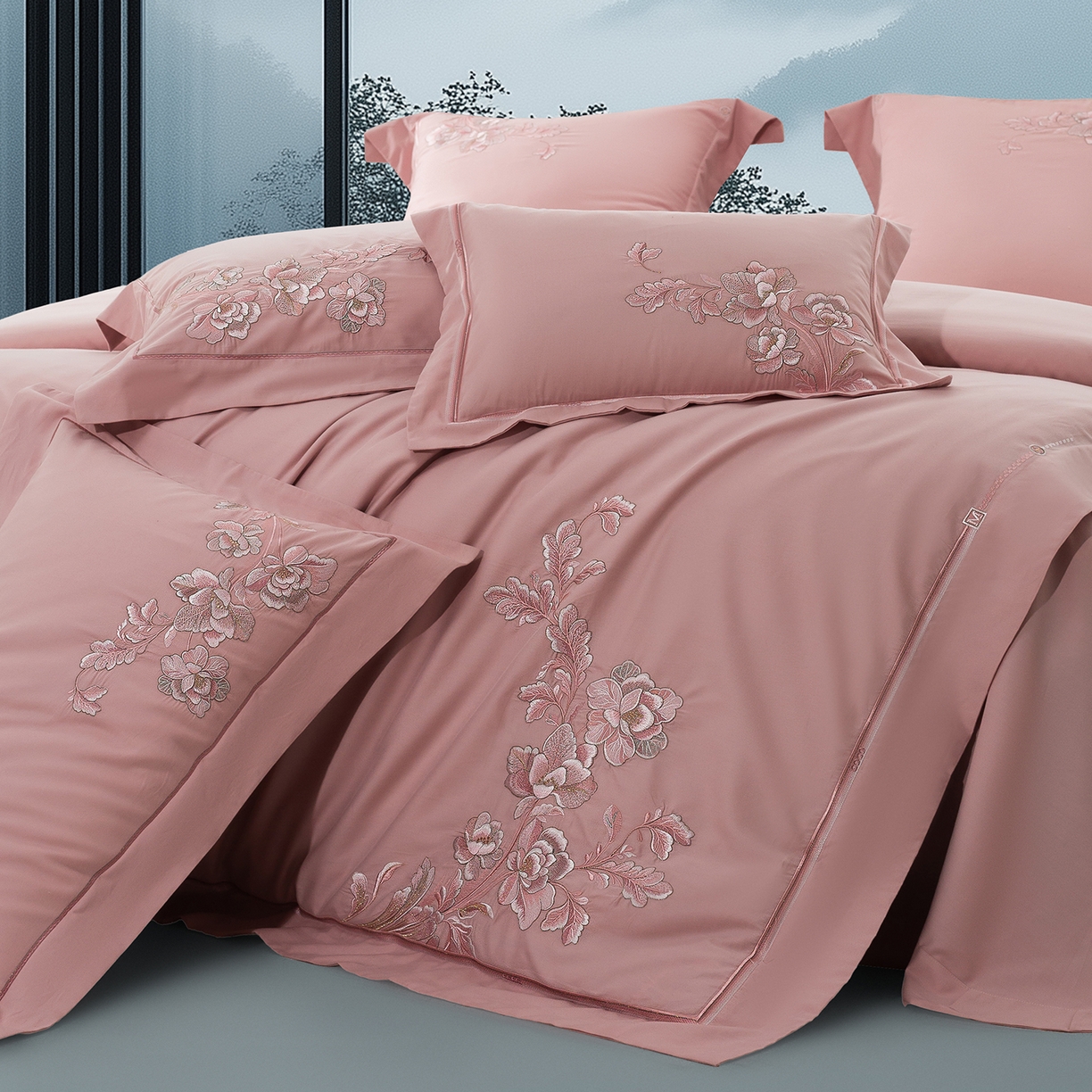 91家纺网 家纺一手货源 找家纺 高大尚婚庆馆 2025新款长绒棉磨毛四件套-浮生若梦 浮生若梦-落樱粉