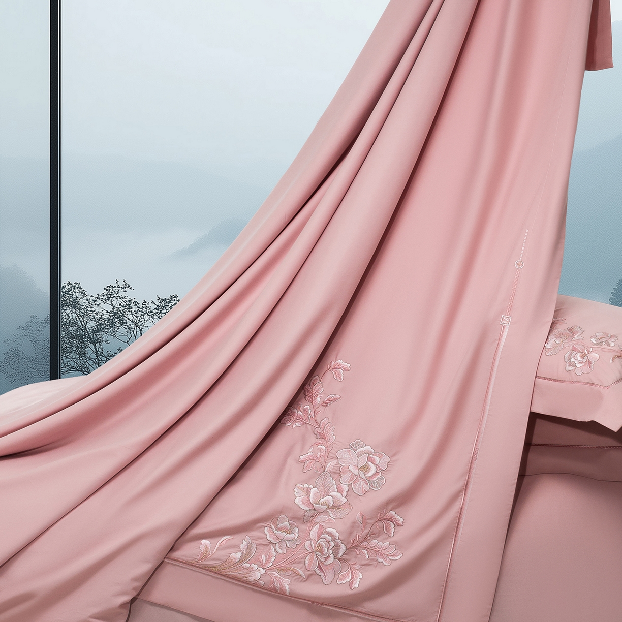 91家纺网 家纺一手货源 找家纺 高大尚婚庆馆 2025新款长绒棉磨毛四件套-浮生若梦 浮生若梦-落樱粉