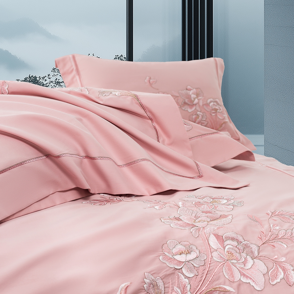 91家纺网 家纺一手货源 找家纺 高大尚婚庆馆 2025新款长绒棉磨毛四件套-浮生若梦 浮生若梦-落樱粉