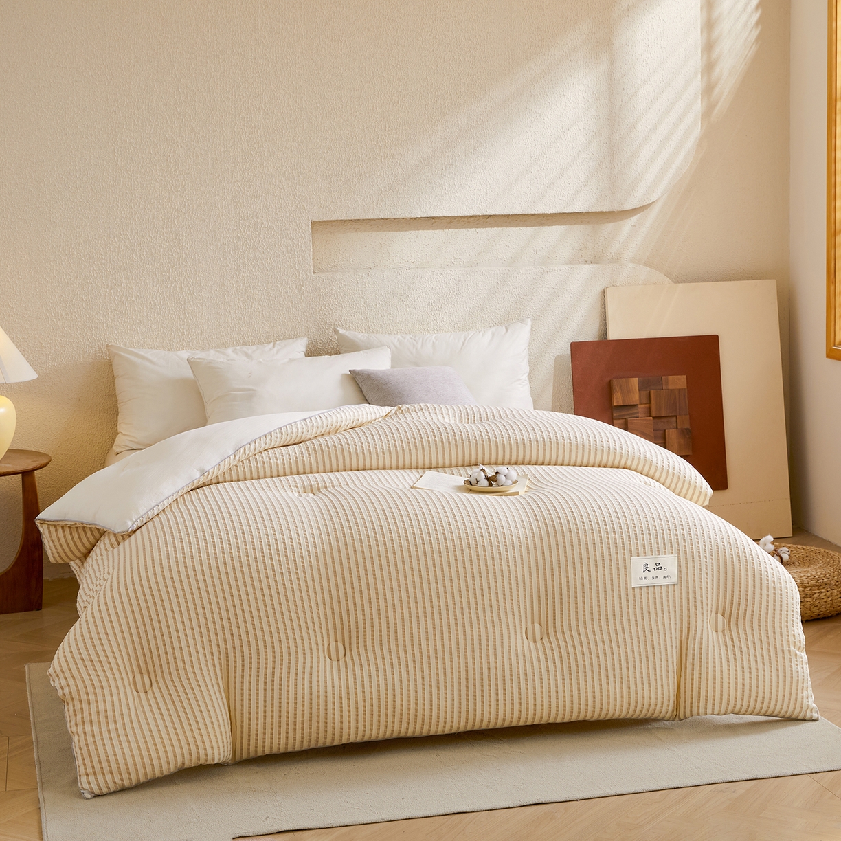 91家纺网 家纺一手货源 找家纺 金喜家居 2025秋冬新款色织提花大豆被学生被被子被芯春秋被冬被 奶油咖