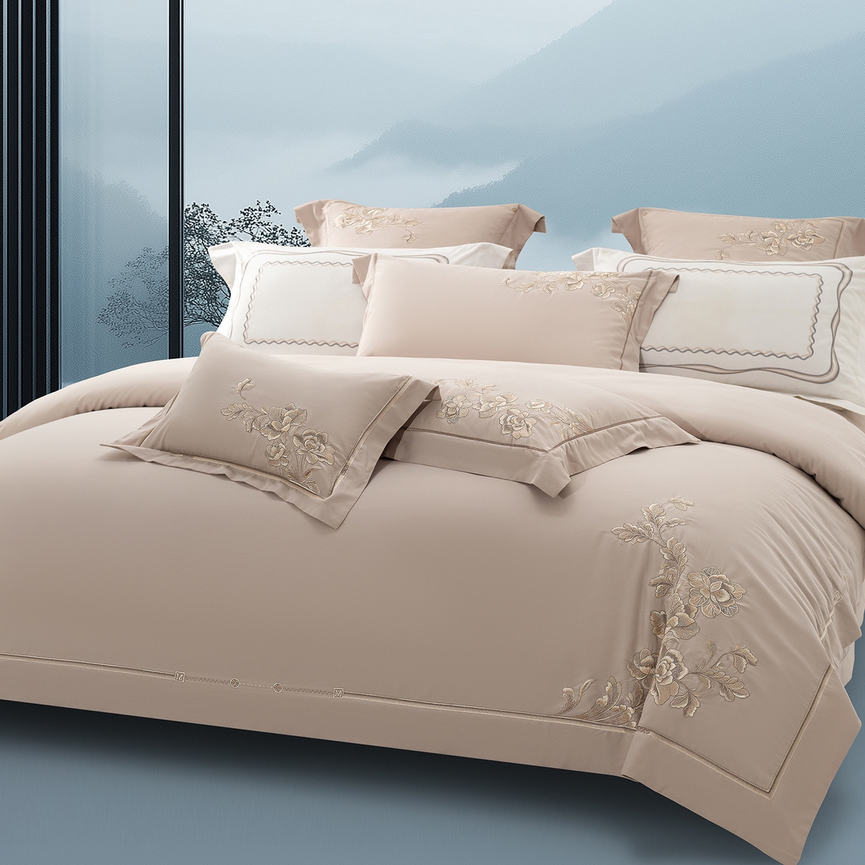 91家纺网 家纺一手货源 找家纺 高大尚婚庆馆 2025新款长绒棉磨毛四件套-浮生若梦 浮生若梦-香槟金