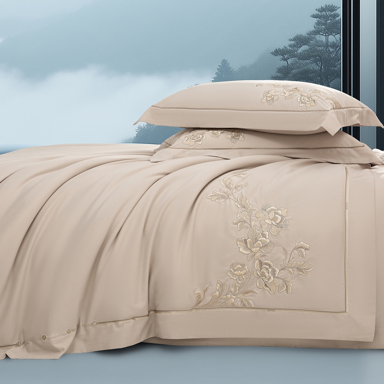 91家纺网 家纺一手货源 找家纺 高大尚婚庆馆 2025新款长绒棉磨毛四件套-浮生若梦 浮生若梦-香槟金