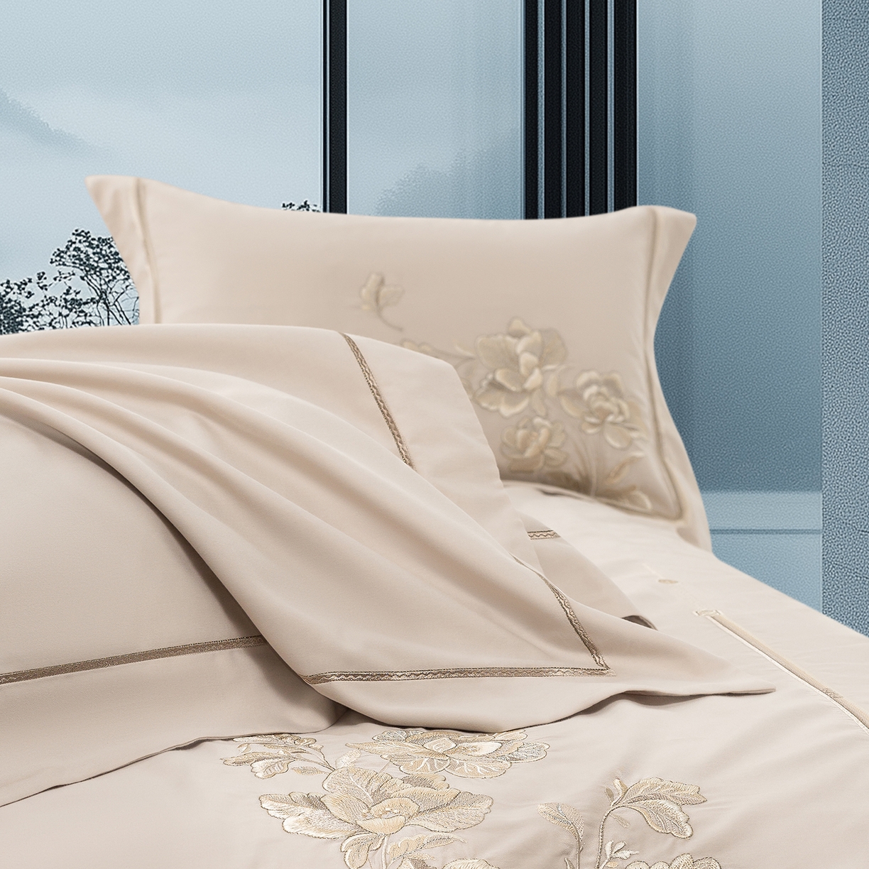 91家纺网 家纺一手货源 找家纺 高大尚婚庆馆 2025新款长绒棉磨毛四件套-浮生若梦 浮生若梦-香槟金