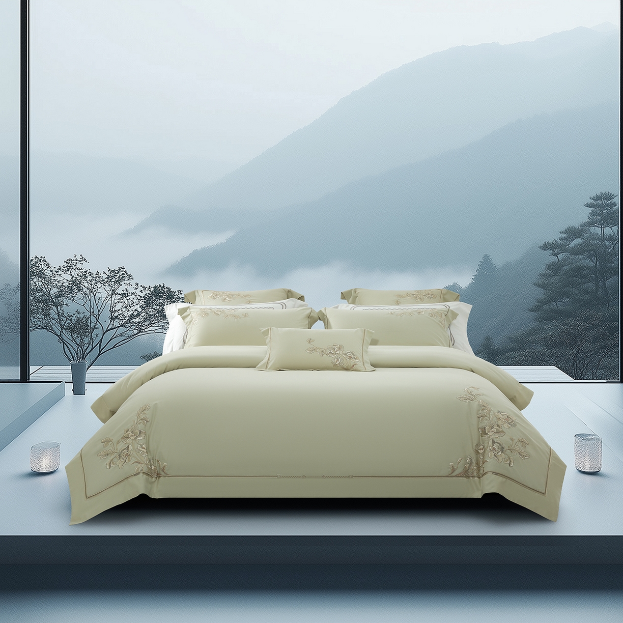 91家纺网 家纺一手货源 找家纺 高大尚婚庆馆 2025新款长绒棉磨毛四件套-浮生若梦 浮生若梦-油果绿