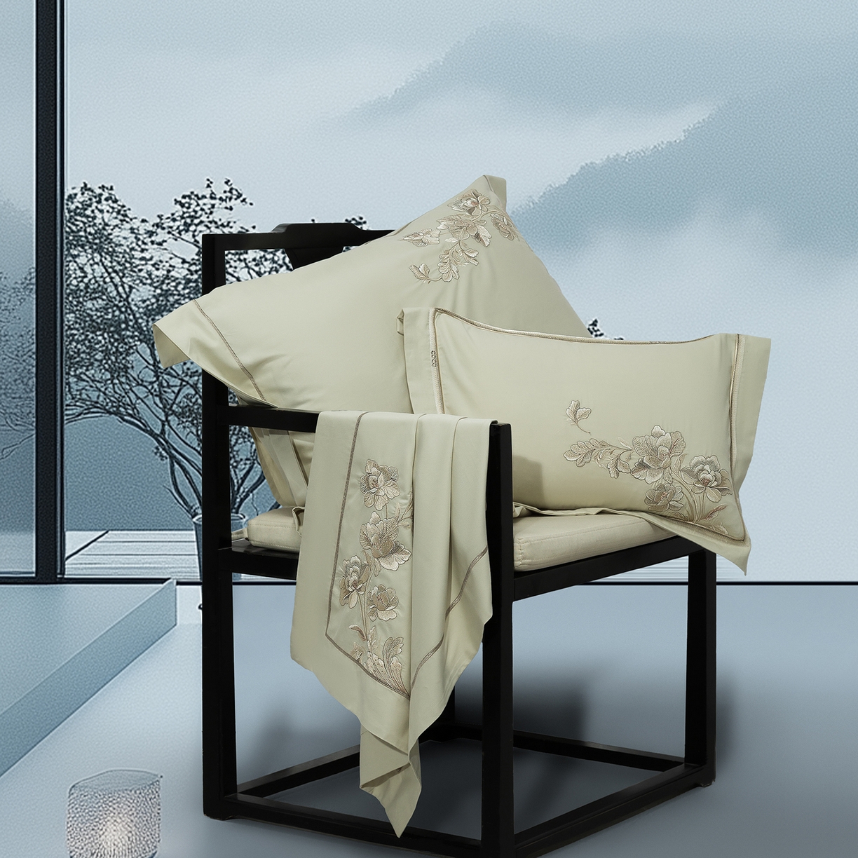 91家纺网 家纺一手货源 找家纺 高大尚婚庆馆 2025新款长绒棉磨毛四件套-浮生若梦 浮生若梦-油果绿