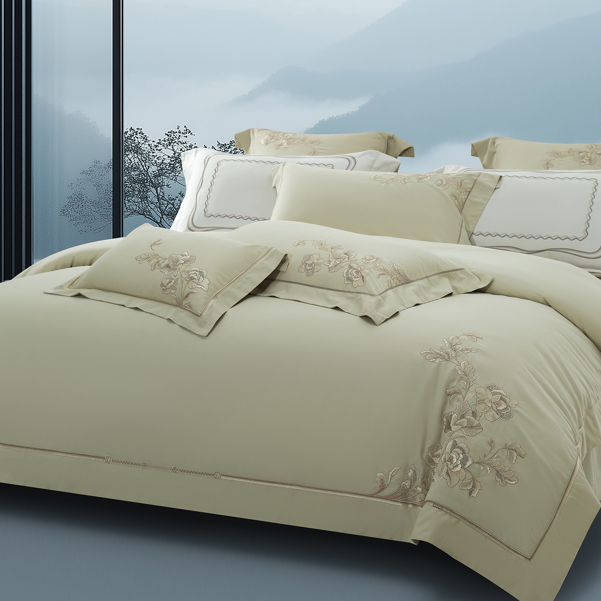 91家纺网 家纺一手货源 找家纺 高大尚婚庆馆 2025新款长绒棉磨毛四件套-浮生若梦 浮生若梦-油果绿