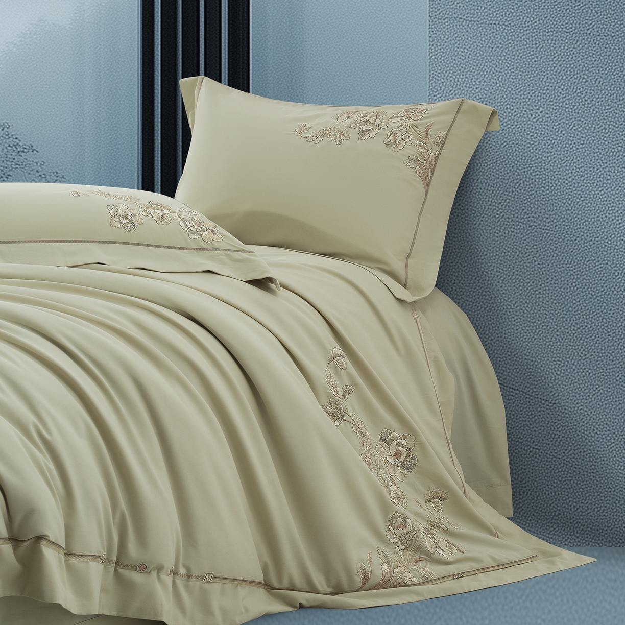 91家纺网 家纺一手货源 找家纺 高大尚婚庆馆 2025新款长绒棉磨毛四件套-浮生若梦 浮生若梦-油果绿