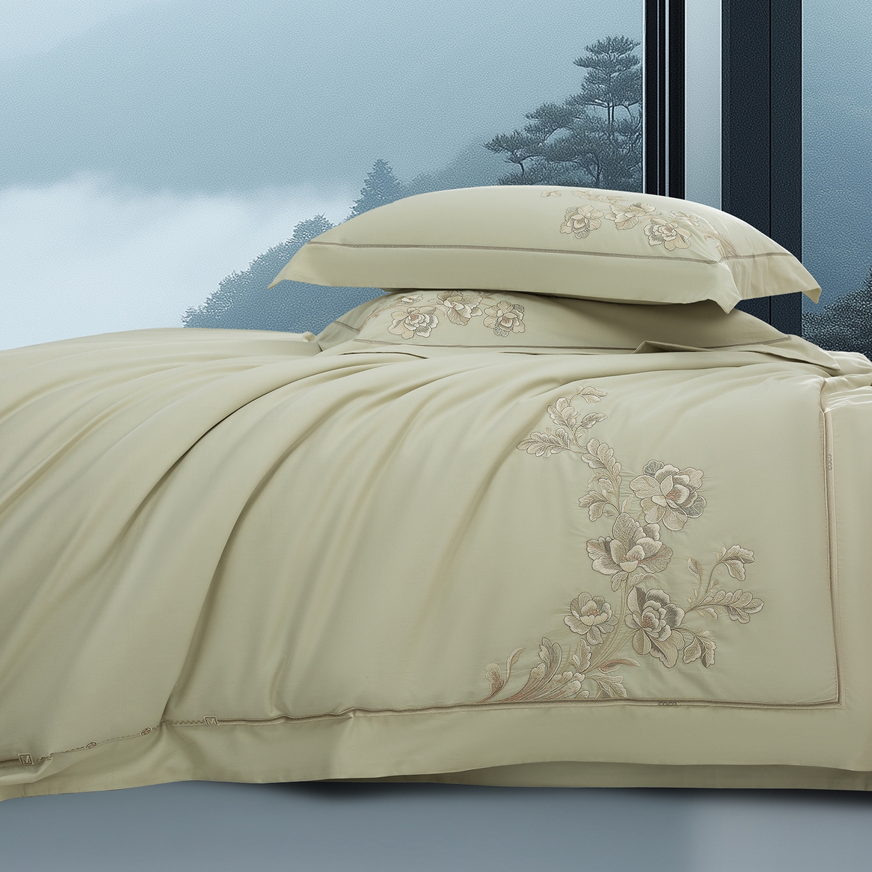 91家纺网 家纺一手货源 找家纺 高大尚婚庆馆 2025新款长绒棉磨毛四件套-浮生若梦 浮生若梦-油果绿