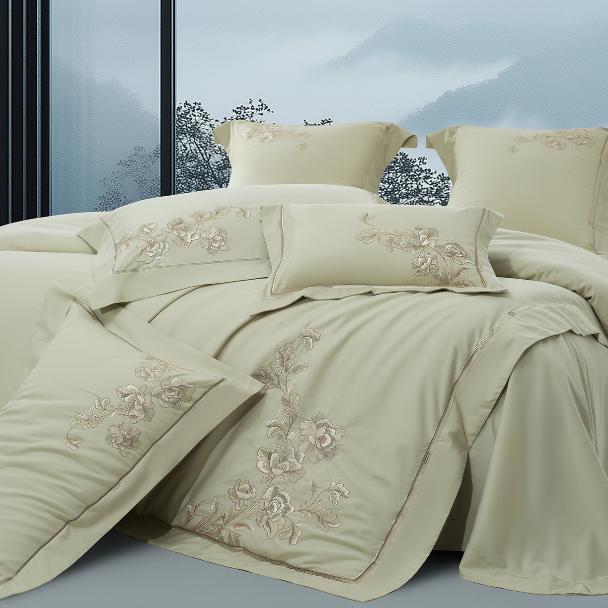 91家纺网 家纺一手货源 找家纺 高大尚婚庆馆 2025新款长绒棉磨毛四件套-浮生若梦 浮生若梦-油果绿