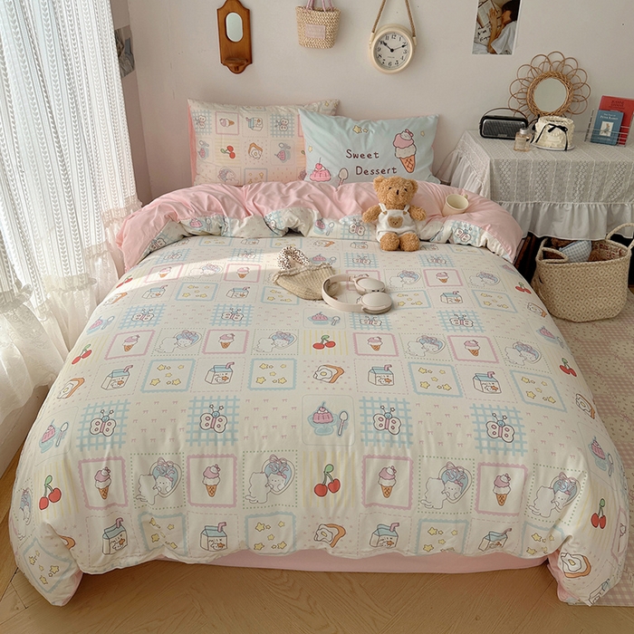 91家纺网 家纺一手货源 找家纺 （总）桃心家居 2025新款A类亲肤舒适软糯云柔水洗棉数码印花混搭四件套-少女卡通奶乎乎