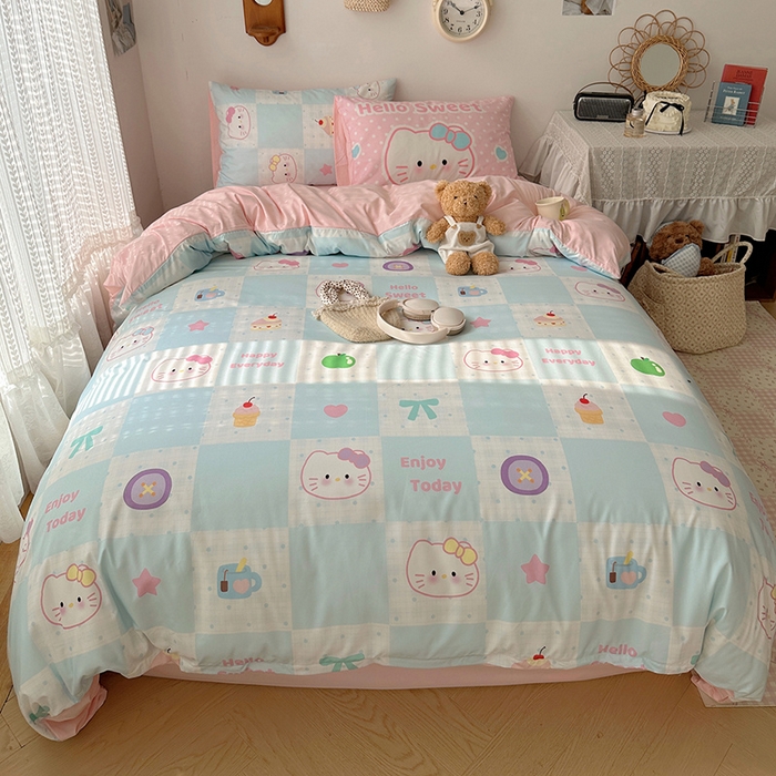 91家纺网 家纺一手货源 找家纺 （总）桃心家居 2025新款A类亲肤舒适软糯云柔水洗棉数码印花混搭四件套-少女卡通奶乎乎