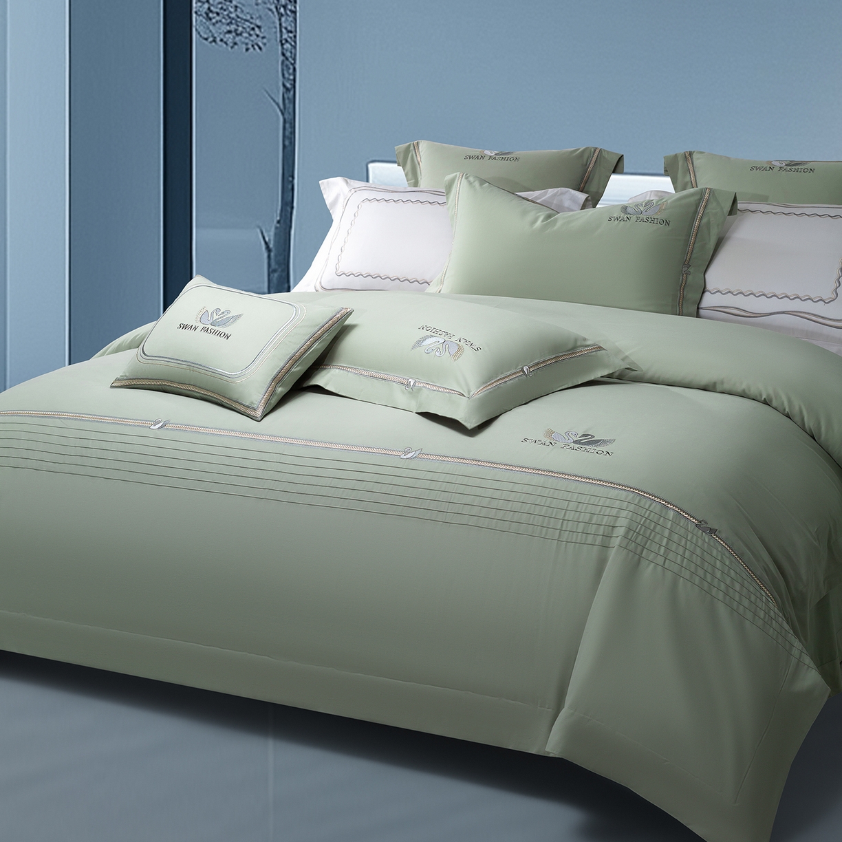 91家纺网 家纺一手货源 找家纺 高大尚婚庆馆 2025新款长绒棉磨毛四件套-施华洛 纪梵希-油果绿