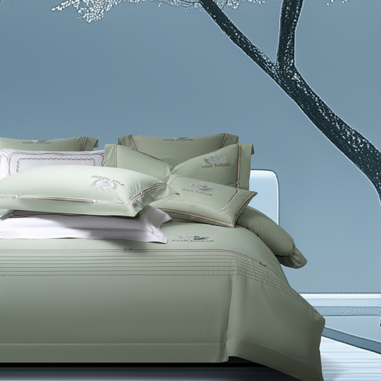 91家纺网 家纺一手货源 找家纺 高大尚婚庆馆 2025新款长绒棉磨毛四件套-施华洛 纪梵希-油果绿