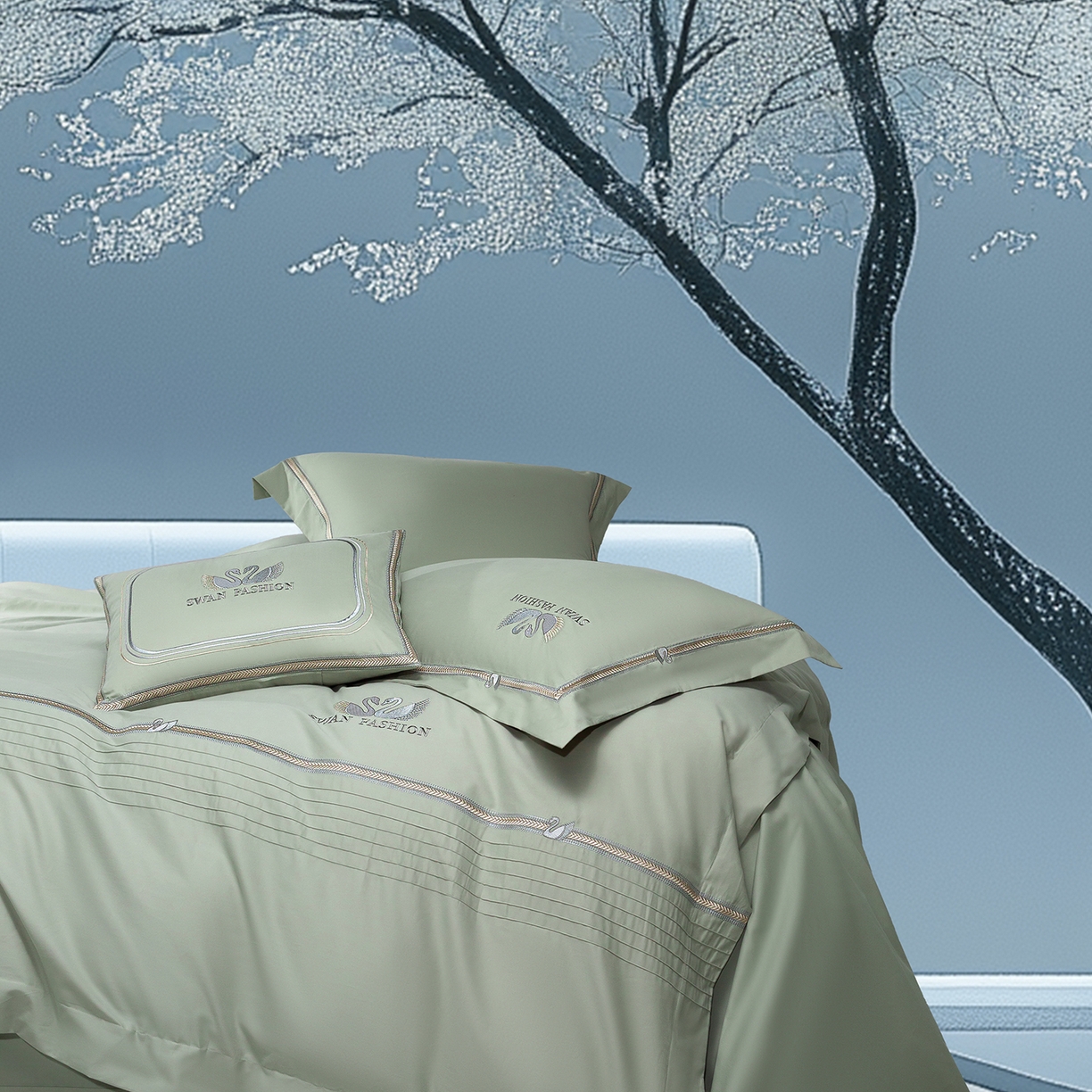 91家纺网 家纺一手货源 找家纺 高大尚婚庆馆 2025新款长绒棉磨毛四件套-施华洛 纪梵希-油果绿