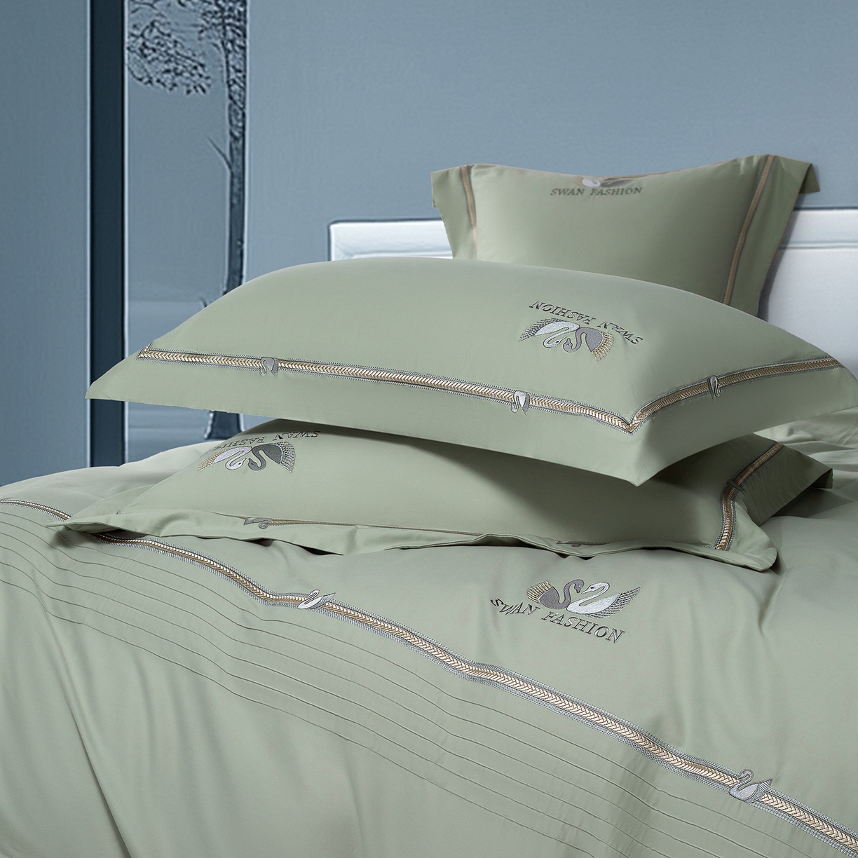 91家纺网 家纺一手货源 找家纺 高大尚婚庆馆 2025新款长绒棉磨毛四件套-施华洛 纪梵希-油果绿