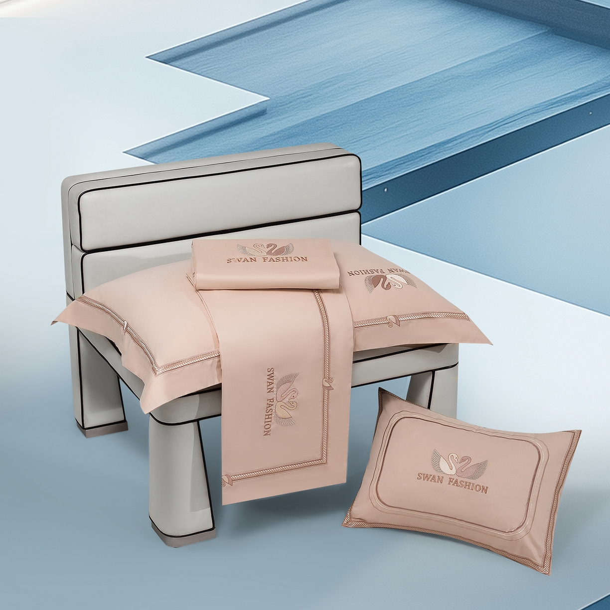 91家纺网 家纺一手货源 找家纺 高大尚婚庆馆 2025新款长绒棉磨毛四件套-施华洛 施华洛-卡其色