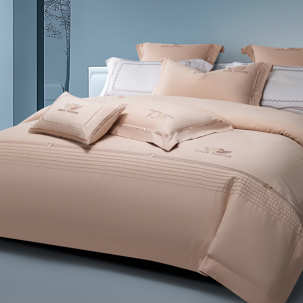 91家纺网 家纺一手货源 找家纺 高大尚婚庆馆 2025新款长绒棉磨毛四件套-施华洛 施华洛-卡其色